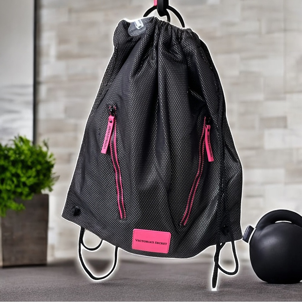 Victoria's Secret VSX Sport Black and Pink Mesh Drawstring Backpack Gym